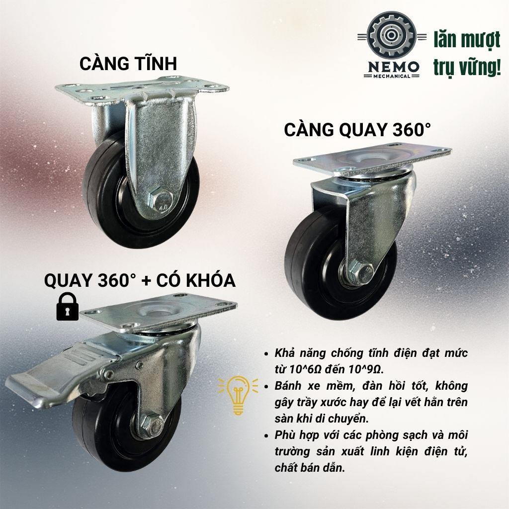 Bánh Xe Chống Tĩnh Điện ESD – Chuyên Dụng Phòng Sạch & Linh Kiện Điện Tử (D75, D100, D125)